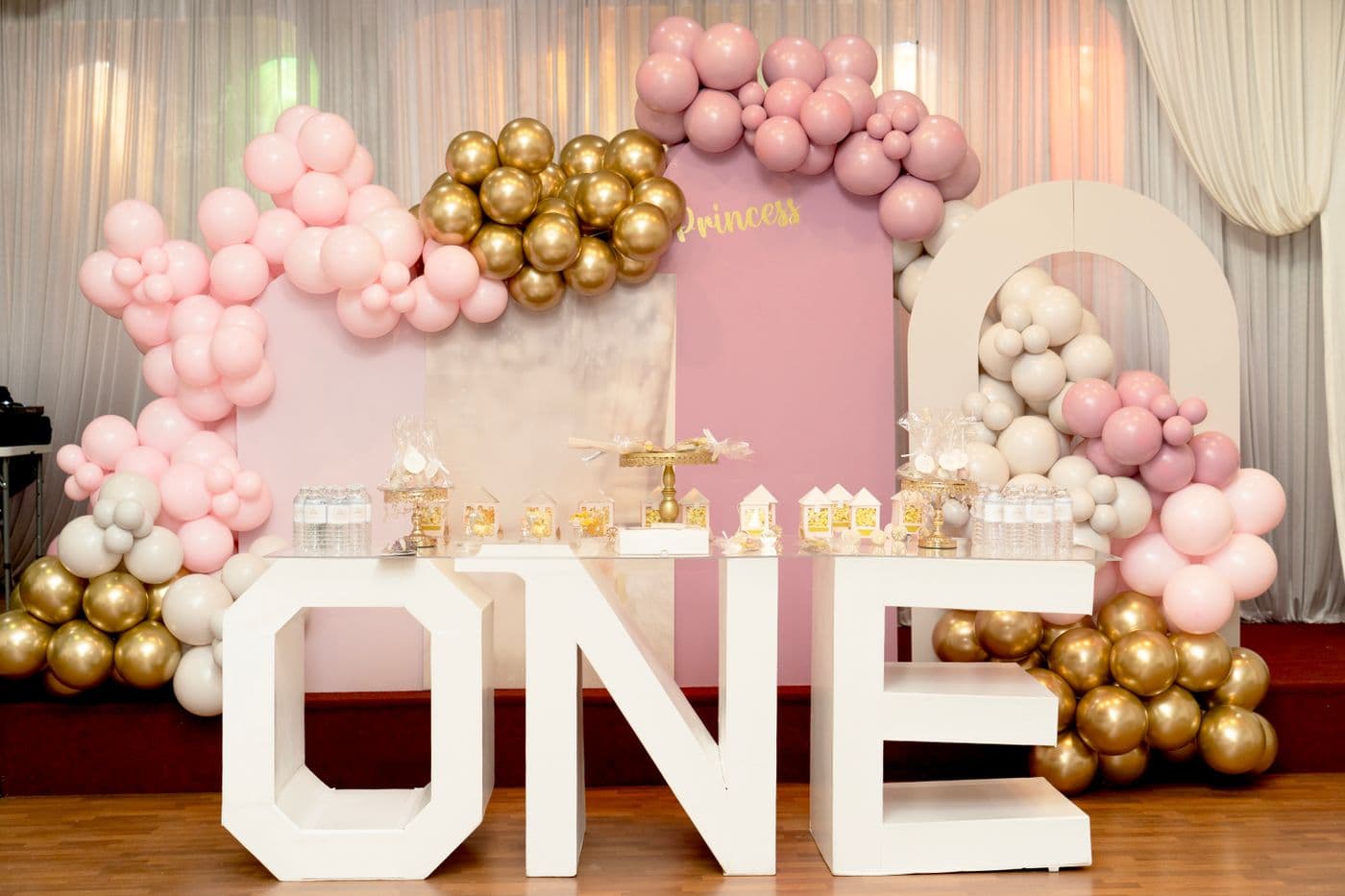 First birthday balloon garland with ONE marquee letters